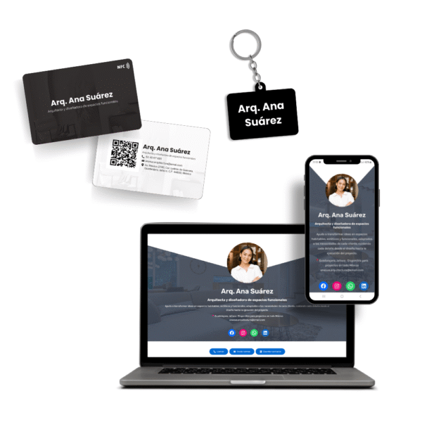 mockup tarjeta digital + tarjeta nfc + llavero nfc (2) Paquete de tarjetas de presentación digitales + Tarjetas físicas NFC + Llaveros 3D con NFC
