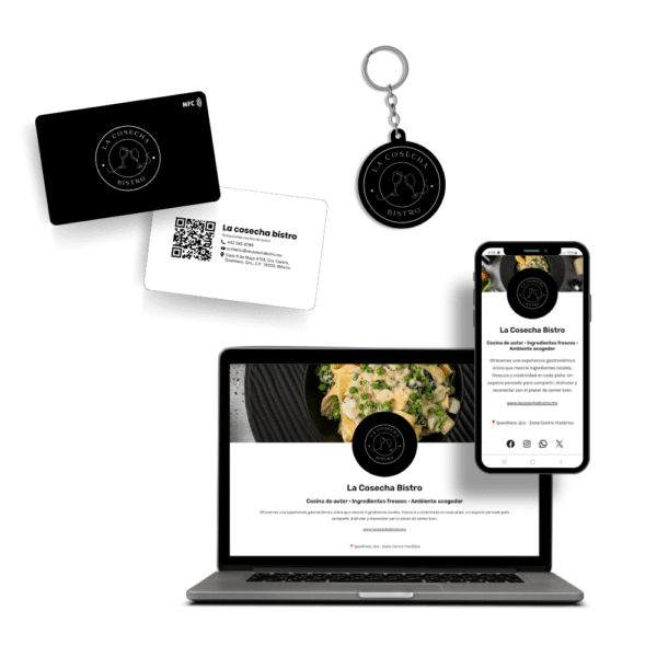 mockup tarjeta digital + tarjeta nfc + llavero nfc (3) Paquete de tarjetas de presentación digitales + Tarjetas físicas NFC + Llaveros 3D con NFC