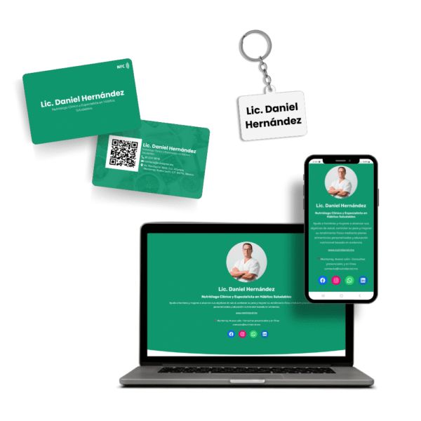mockup tarjeta digital + tarjeta nfc + llavero nfc (4) Paquete de tarjetas de presentación digitales + Tarjetas físicas NFC + Llaveros 3D con NFC